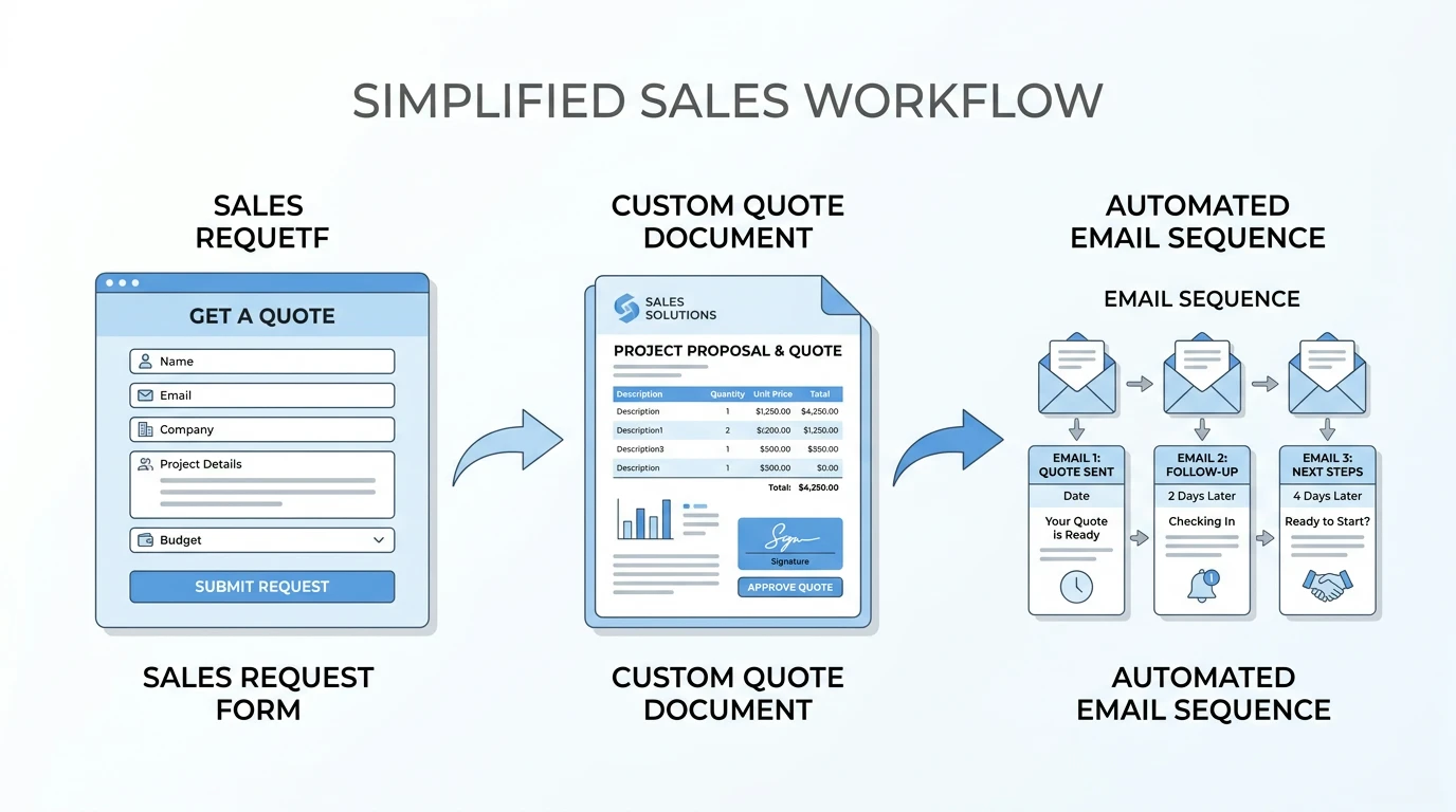 A simple flat-lay illustration of a sales workflow: a form capturing a request, an arrow to a polished quote document, another arrow to an automated email sequence. Clean white background, minimal design, soft blue and grey color palette. Infographic style.